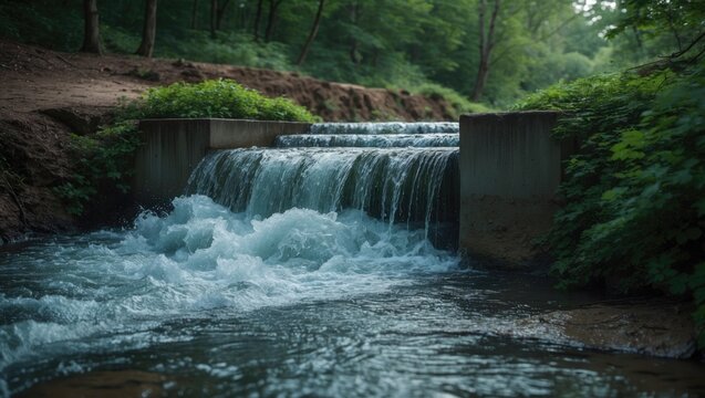 A small waterfall in a lush green forest, with water flowing over concrete barriers, creating a gentle cascade. Nature and water feature. Calm and scenic environment.