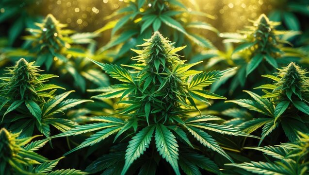 Cannabis plants with mature buds in a greenhouse or indoor grow space.