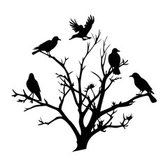 Flock of crows on dead tree silhouette vector illustration