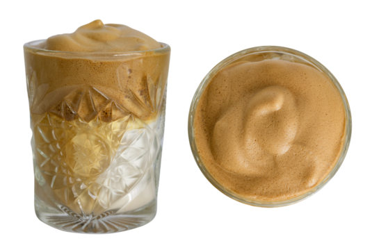 Glass of popular Korean iced dalgona latte shown from side and top view, isolated on white background with clipping path, perfect for beverage design, cafe branding, or editorial use.