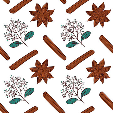 Seamless floral pattern with flat style cinnamon stick, flower branch and star anise. Perfect for botanical design packaging, bed linen and decor.