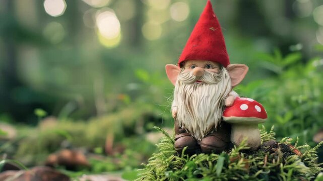 Tiny gnome on mushroom, surrounded by greenery.