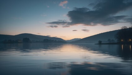 Naklejka premium Calm river landscape at dusk with mountains and clouds, serene and peaceful scenery.