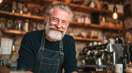 Senior barista smiling in his coffee shop