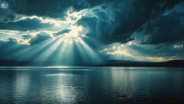 Sun rays breaking through dark clouds over a calm body of water. Nature and weather, atmospheric scene. The serene and dramatic depiction of sunlight piercing the stormy sky.