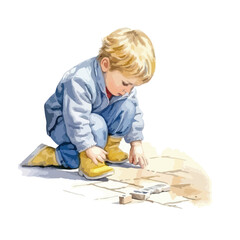 Blond toddler in yellow boots playing with blocks on a stone surface