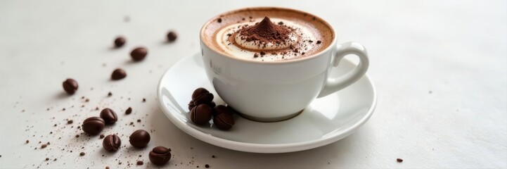 Fototapeta premium Dark chocolate hot chocolate, swirls, white tabletop, chocolate, steam, winter beverage