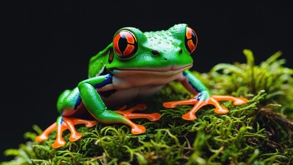 Colorful frog on green moss with bright red eyes and vibrant blue and orange limbs. Nature and wildlife, amphibian. Close-up and detailed.