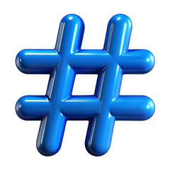 Obraz premium A shiny 3D blue glossy hashtag icon, isolated on a clean white background.