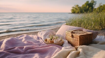 Cozy picnic setup on beach with blanket and basket at sunset  