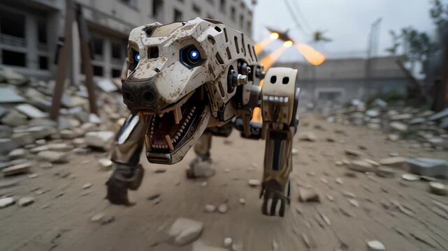 Menacing robotic dog leaps forward in war-torn landscape.