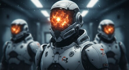 Fototapeta premium An alien astronaut's 3D-rendered robot on a spaceship's isolated transportation deck, equipped with a helmet and high technology
