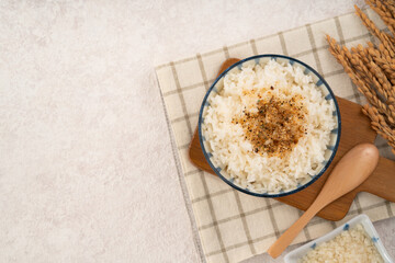 A bowl of white rice topped with sprinkle rice seasonings.