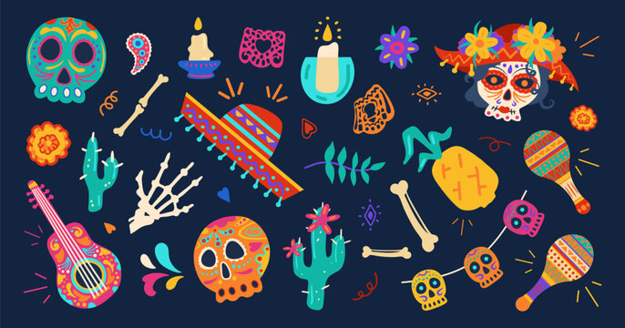Day of the Dead celebration stickers and drawings of holiday symbols with sugar skulls, sombrero, maracas and other objects. Dia De Muertos vector design element set.