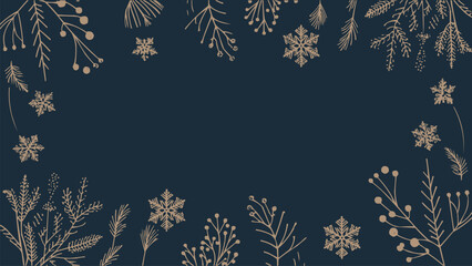 Minimal elegant winter frame with gold snowflakes and botanical foliage on dark navy background for Christmas card, festive border, and t shirt design