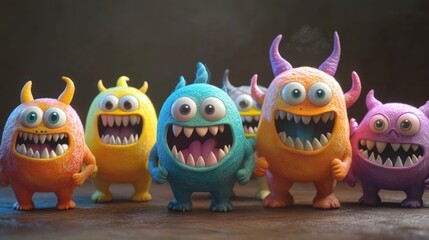 Colorful cartoon monsters, joyful expressions, dark background, group portrait, digital art