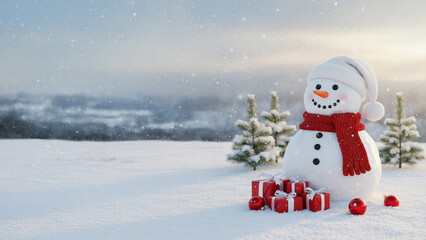 Snowman with Santa Hat and Gifts in Snowy Landscape