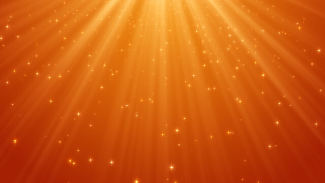 autumn orange background with sun light rays and golden glitter stars falling, fall season thanksgiving and Halloween social media background	