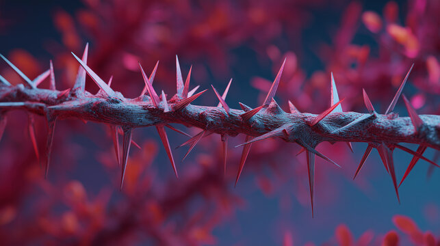 Fototapeta Macro of thorns on a branch under neon lighting. Nature selected theme, dangerous plant