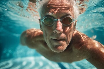 A senior man swims laps in a stunning outdoor pool, demonstrating impressive strength and stamina while displaying a determined expression. The clear water accentuates his movements