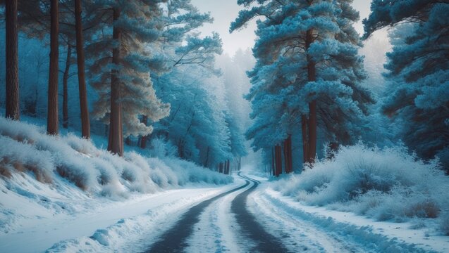 Snow-covered forest and a winding road through the trees. Natural winter landscape scene. Cold and serene environment. Snowy woods and pathway.