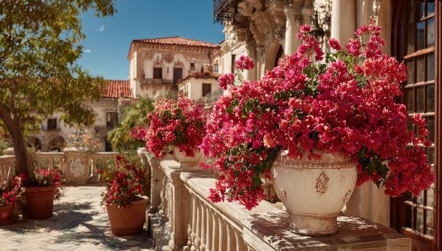 Lush pink bougainvillea adorns a sun-drenched balcony