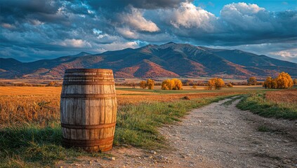 Wooden barrel in a rural landscape with mountains