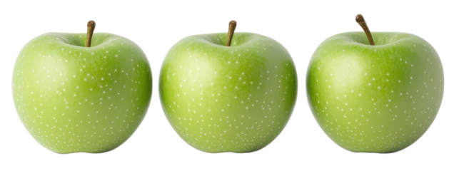 Three fresh green apples with stems isolated on transparency background
