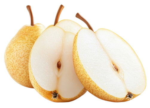 Fresh sliced Asian pear with juicy white flesh and speckled yellow skin