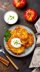 Delicious Potato Pancakes with Apples and Sour Cream.