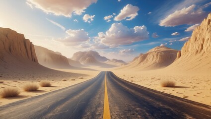 Naklejka premium Desert landscape with a road stretching into the distance under a partly cloudy sky. Scenic view of rugged mountains and sandy terrain.