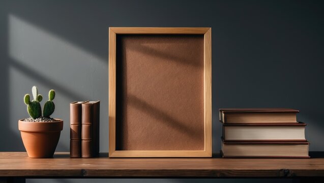 Empty brown frame with a small potted cactus, books, and shadow on the surface.