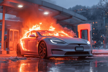 Electric car catches fire while parked at an electric charging station in a city