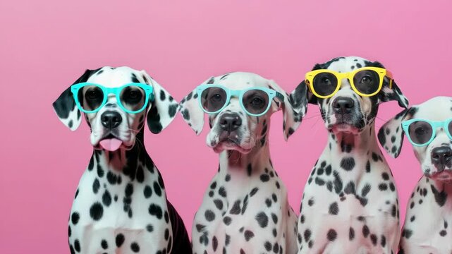 Two dalmation pups in sun sunglasses on pink backdrop.