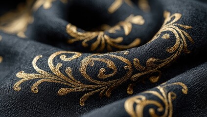 Close-up view of dark fabric with gold patterned designs