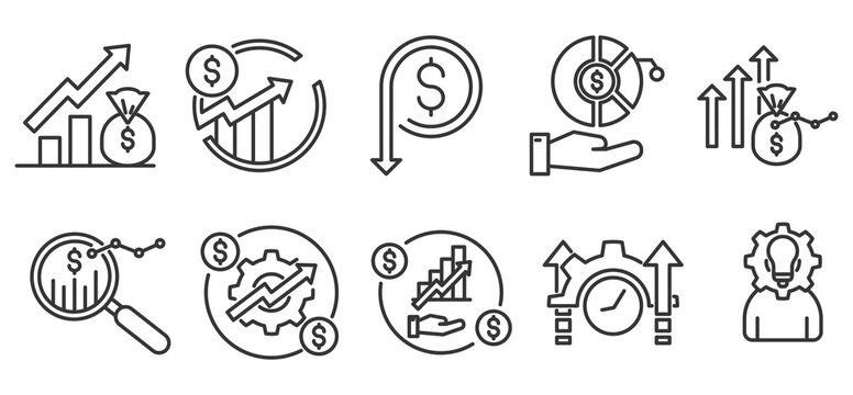 icon pack of ROI in creative outline vector style for business finance investment profit margin revenue growth cost reduction financial analysis and strategy