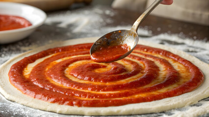 Close up of hand spreading tomato sauce in a spiral on pizza dough