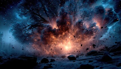 Cosmic explosion erupts from a wintry forest
