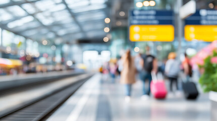 Fototapeta premium Passengers embodied in blue energy arrive at a bustling train station platform with tracks announcements vendors selling snacks and commuters rushing with luggage presented