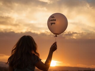 Woman holding balloon with "I miss you" at sunset outdoors  