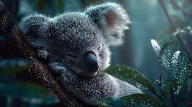 A peaceful koala sleeping among lush green leaves in a serene forest setting.