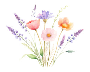 Fototapeta premium Wildflower Watercolor Bouquet with Lavender, Daisies, and Poppies