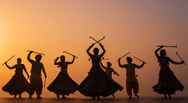 Silhouette of Dancers Performing Dandiya Raas at Sunset