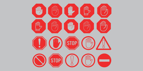 Set stop red sign icon with white hand, do not enter. Warning stop sign - stock vector