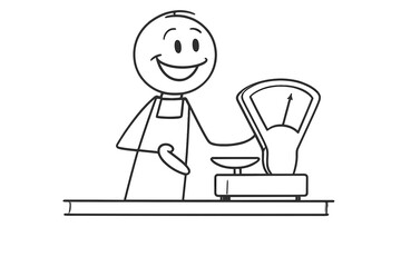 Simple cartoon figure of a seller at the counter with old scales, wearing an apron, hand-drawn in a minimalist style. Suitable for use in projects related to market, business, trade, character illustr