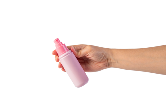 Pink product bottle in hand on transparent background