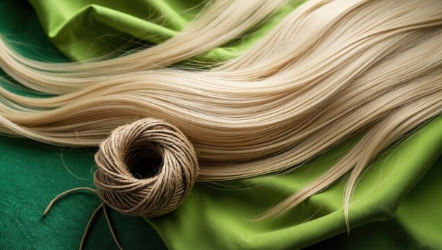 Blonde hair extensions with a ball of thread on a green silk fabric. Hair accessories and styling. Hair extension techniques. The concept of hair styling and accessories.