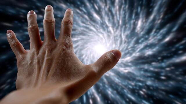 Hand reaching towards a swirling vortex of light and energy, illustrating a dynamic motion sequence that captures the essence of exploration and the allure of the unknown in a captivating visual narra