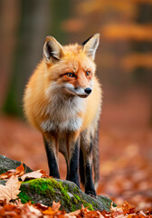Fototapeta premium Cute red fox in autumn forest. Wild animal in colorful nature habitat. Scenic wildlife for calendar or book cover design.