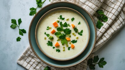 Creamy soup with carrots and herbs garnished with parsley, served in a bowl with parsley leaves on the side and a checked cloth.